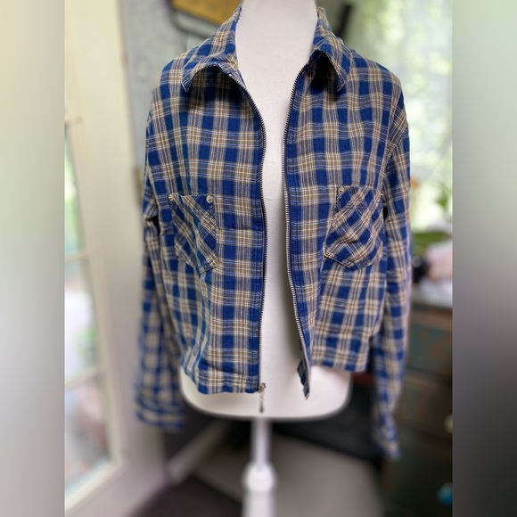 Vintage Karen Kane Blue and Tan Plaid Shirt Jacket Zip Front with pockets - Picture 1 of 8